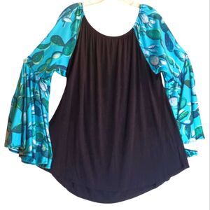 Vintage Black Turquoise Jersey Knit Large Bell Boho Flutter Sleeve Top 2XL
